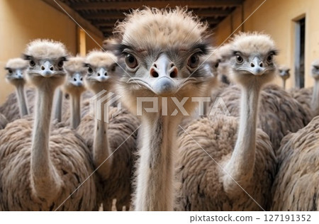 Feathered Gathering: Ostrich Group Graces the Farm Yard Indoors. Generative ai 127191352