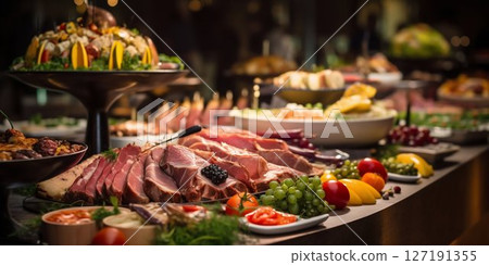 Vibrant Buffet Spread: Catering Delights in Restaurant Setting. Generative ai 127191355