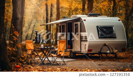Forest Retreat: Cozy Trailer Camping in Autumn Setting. Generative ai Forest Retreat: Cozy Trailer Camping in Autumn Setting. Generative ai 127191358
