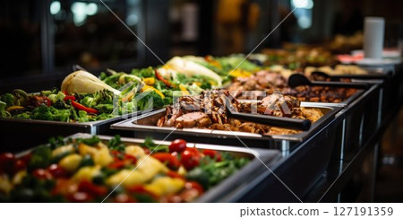 Vibrant Buffet Spread: Catering Delights in Restaurant Setting. Generative ai 127191359