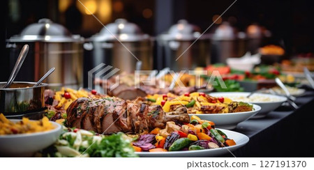 Vibrant Buffet Spread: Catering Delights in Restaurant Setting. Generative ai 127191370