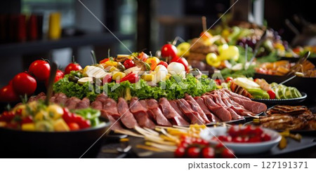Vibrant Buffet Spread: Catering Delights in Restaurant Setting. Generative ai 127191371