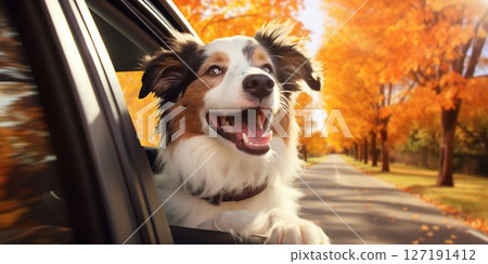 Joyful Canine Journey through Autumn Suburbia. Generative ai 127191412