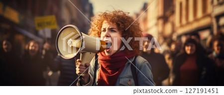 Voice of Change: Fiery Female Activist Advocates Amidst Protesters. Generative ai Voice of Change: Fiery Female Activist Advocates Amidst Protesters. Generative ai 127191451