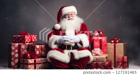 Jolly Moments: Santa Claus Seated with a Trove of Gifts. Generative ai 127191465