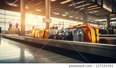 Luggage Awaiting: Conveyor Belt in Airport's Arrival Lounge. Generative ai 127191493