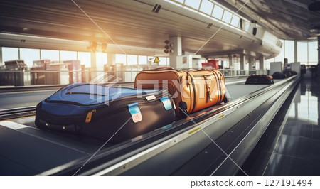 Luggage Awaiting: Conveyor Belt in Airport's Arrival Lounge. Generative ai 127191494