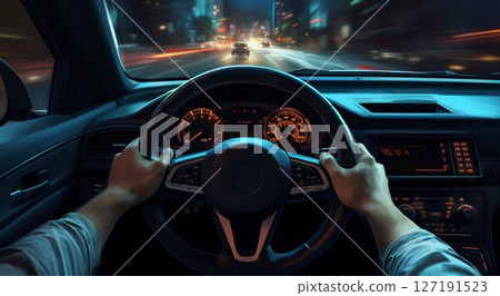Driving View: Hands on the Steering Wheel during Daytime. Generative ai 127191523