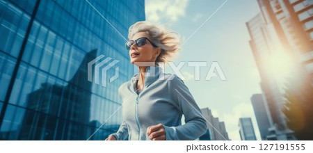 Inspiring Senior Woman Embraces Morning Run Amidst City's Glass Structures. Generative ai Inspiring Senior Woman Embraces Morning Run Amidst City's Glass Structures. Generative ai 127191555