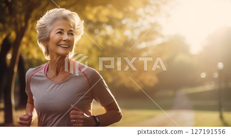 Morning Stride: Senior Woman Champions Healthy Living in Park. Generative ai Morning Stride: Senior Woman Champions Healthy Living in Park. Generative ai 127191556