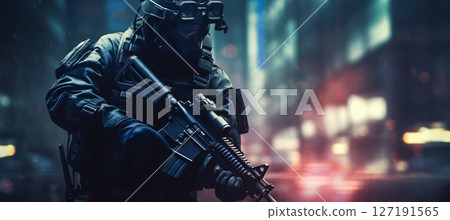 Elite Forces: Tech-Equipped Soldier Patrols the Night City. Generative ai Elite Forces: Tech-Equipped Soldier Patrols the Night City. Generative ai 127191565