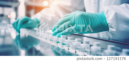 Quality Control: Gloved Hand Inspects Medical Vials at Pharma Plant. Generative ai 127191576