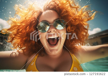 Confident Plus-Size Beauty Radiating Joy in a Bikini. Generative ai 127191622