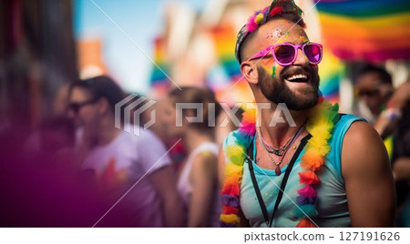 Joyful Gay Man Celebrating Pride Month with Enthusiasm. Generative ai 127191626