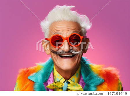 Fashion-forward Senior with Vivid Hair and Clear Glasses. Generative ai 127191649
