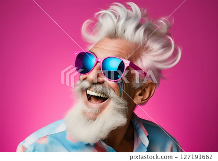 Fashion-forward Senior with Vivid Hair and Clear Glasses. Generative ai 127191662