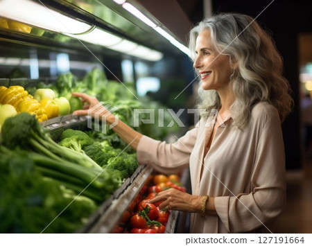 Mature Lady Mindfully Selecting Fresh Produce in a Supermarket. Generative ai 127191664