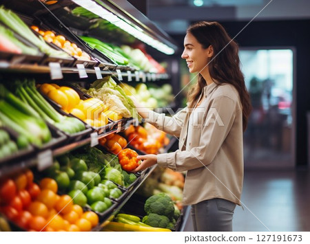 Young Woman Selecting Fresh Produce at Supermarket. Generative ai 127191673