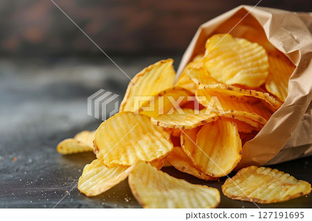 Potato thick wavy slices chip in open bag pour on table. 127191695