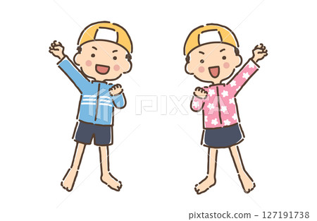 Boys and girls in swimsuits doing the "ah-ah-oh" Boys and girls in swimsuits doing the "ah-ah-oh" 127191738