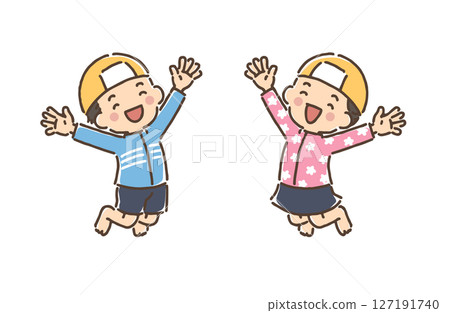 Boys and girls in swimsuits jumping with smiles Boys and girls in swimsuits jumping with smiles 127191740