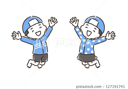 Boys and girls in swimsuits jumping with smiles Boys and girls in swimsuits jumping with smiles 127191741