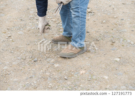 [Auto camping on the Nakatsugawa riverbed, removing the guy rope pegs and withdrawing] 127191773