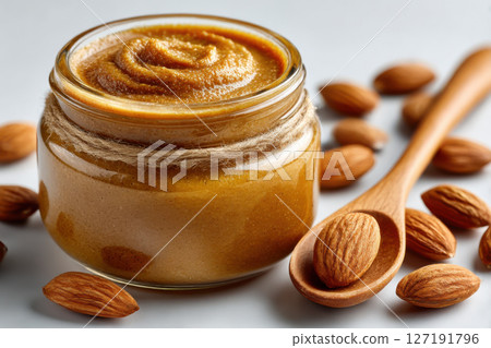 Creamy almond butter in glass jar surrounded by whole almonds and wooden spoon 127191796