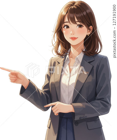 一位穿著西裝、微笑的女人正用雙手指著（透明背景） 127191900