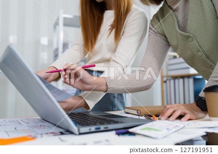 ux developer and ui designer brainstorming interface wireframe design. Creative digital development agency 127191951