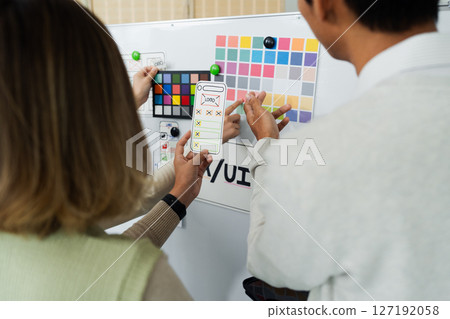 Close up ux developer and ui designer brainstorming interface wireframe design.Creative digital development agency Close up ux developer and ui designer brainstorming interface wireframe design.Creative digital development agency 127192058