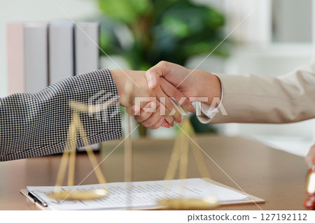 Lawyer handshake between attorney and client in professional law firm office Lawyer handshake between attorney and client in professional law firm office 127192112