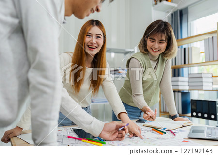 UI designer and UX developer brainstorm idea to design the application interface. Creative digital development agency. UX UI concept UI designer and UX developer brainstorm idea to design the application interface. Creative digital development agency. UX UI concept 127192143
