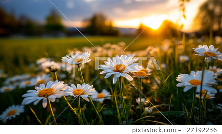 Close-up of daisies blooming in a field during sunset with soft warm light Close-up of daisies blooming in a field during sunset with soft warm light 127192236