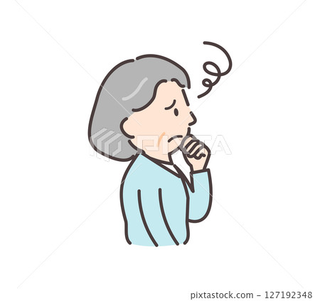 Illustration of an elderly woman looking to the side with an anxious expression 127192348