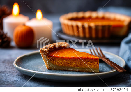 In ambient candlelight, cozy pumpkin pie sits on light gray background, clean photo style 127192454