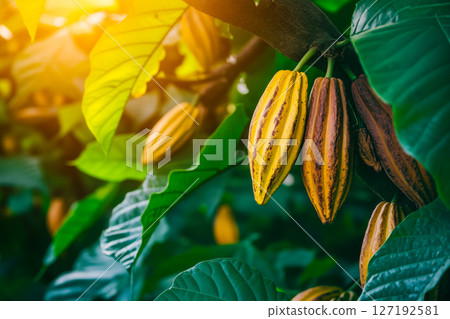 Low-angle shot of cacao pods in yellow and brown hues hanging on a tree branch, surrounded by vibrant green leaves and illuminated by warm sunlight in a tropical setting 127192581