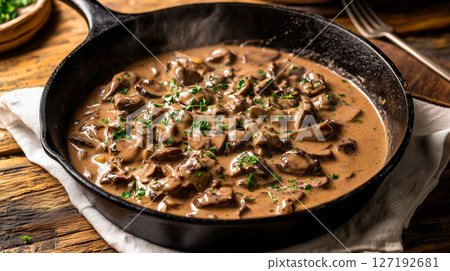 Gourmet beef stroganoff in a rustic cast iron skillet, featuring tender beef chunks and mushrooms in a rich, creamy sauce, garnished with fresh thyme, served on a wooden table Gourmet beef stroganoff in a rustic cast iron skillet, featuring tender beef chunks and mushrooms in a rich, creamy sauce, garnished with fresh thyme, served on a wooden table 127192681