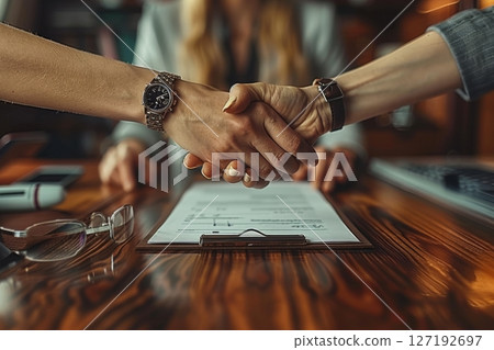 Close up business professional handshake with new partnership on private jet meeting room. Generative AI Close up business professional handshake with new partnership on private jet meeting room. Generative AI 127192697