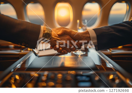 Close up business professional handshake with new partnership on private jet meeting room. Generative AI 127192698