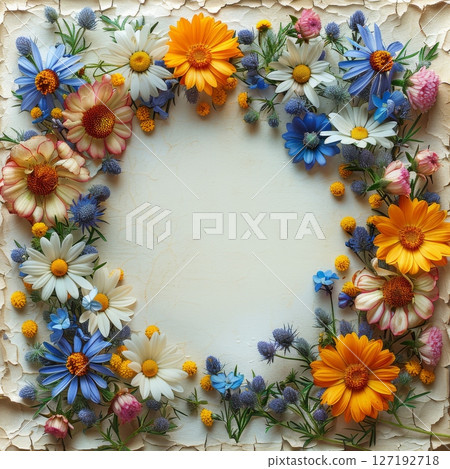 Wedding elegant flower frame on a light blue background. Generative AI Wedding elegant flower frame on a light blue background. Generative AI 127192718