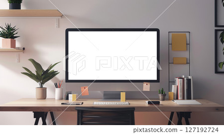 Mockup blank screen computer desktop at home. Generative AI 127192724