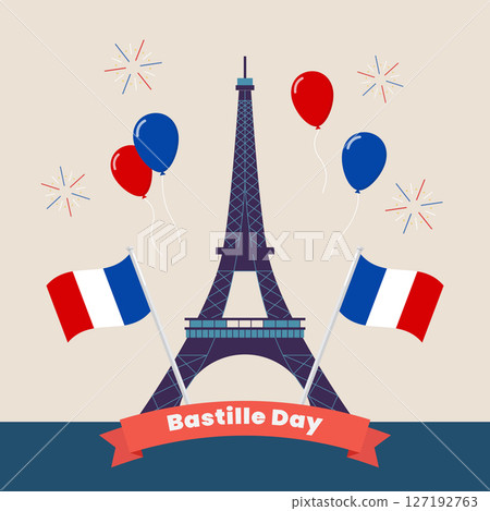 Happy Bastille Day. Eiffel tower and fireworks. Bastille day design template. 127192763