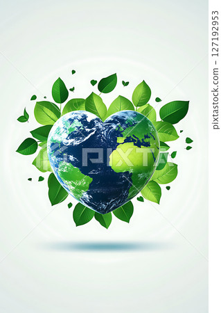 saving planet earth, green heart and blue globe with leaf icons, vector clean banner, 127192953