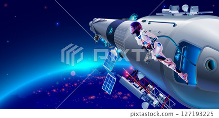 A female astronaut in a spacesuit steps out of the space station into outer space, looks at the Earth. A girl cosmonaut takes off from the gateway of a spacecraft in low-Earth orbit. Earth from space. 127193225