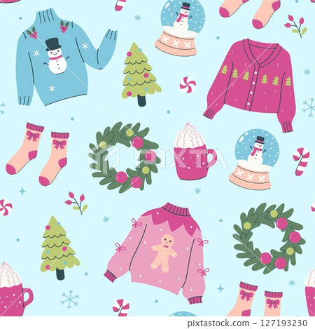 Seamless Christmas pattern with ugly sweaters and other items. Vector graphics. 127193230