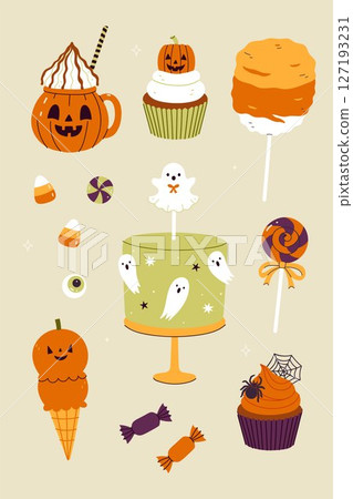 Set of cute sweets and treats in Halloween style. Vector graphics. 127193231