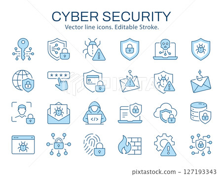 Cyber security icons, such as shield, lock, safety, safe and more. Vector illustration isolated on white. Editable stroke. Change to any size and any color. 127193343