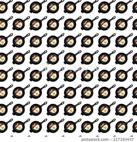 Seamless Pattern with Fried Eggs and sausage in aa frying pan. Healthy Breakfast 127193437