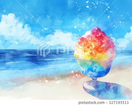 熱帶海洋和刨冰的水彩插圖AI圖像 127193511